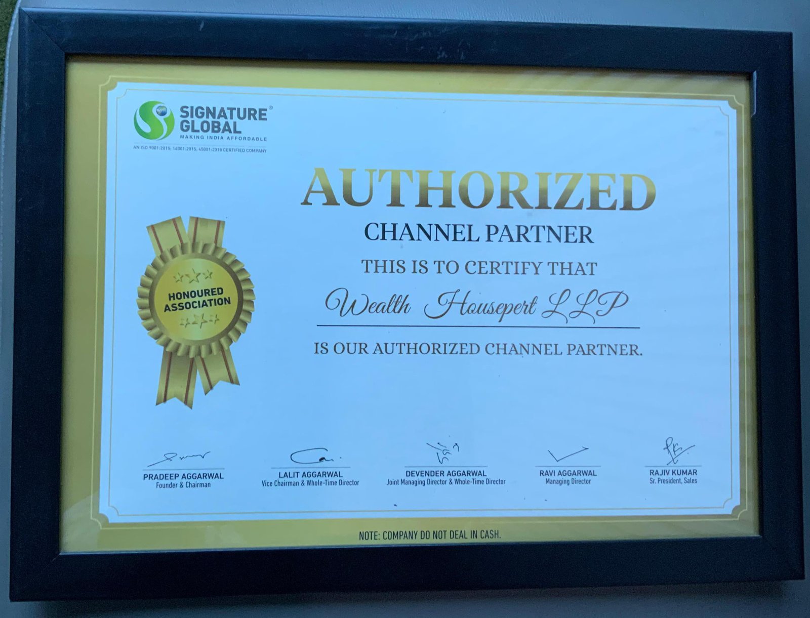 Signature Global Authorized Channel Partner certificate awarded to Wealth Housepert LLP