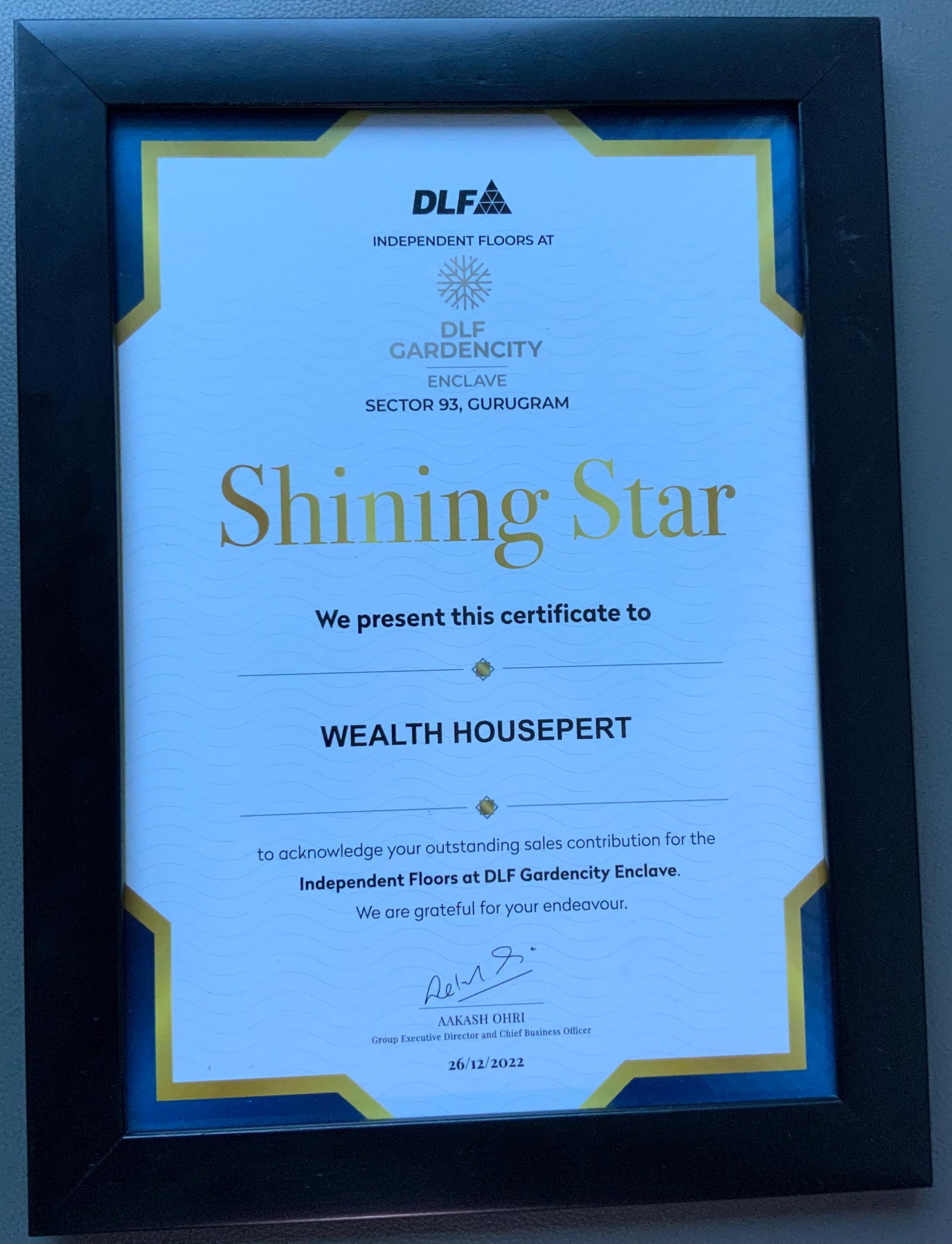 DLF Gardencity Enclave Shining Star certificate awarded to Wealth Housepert