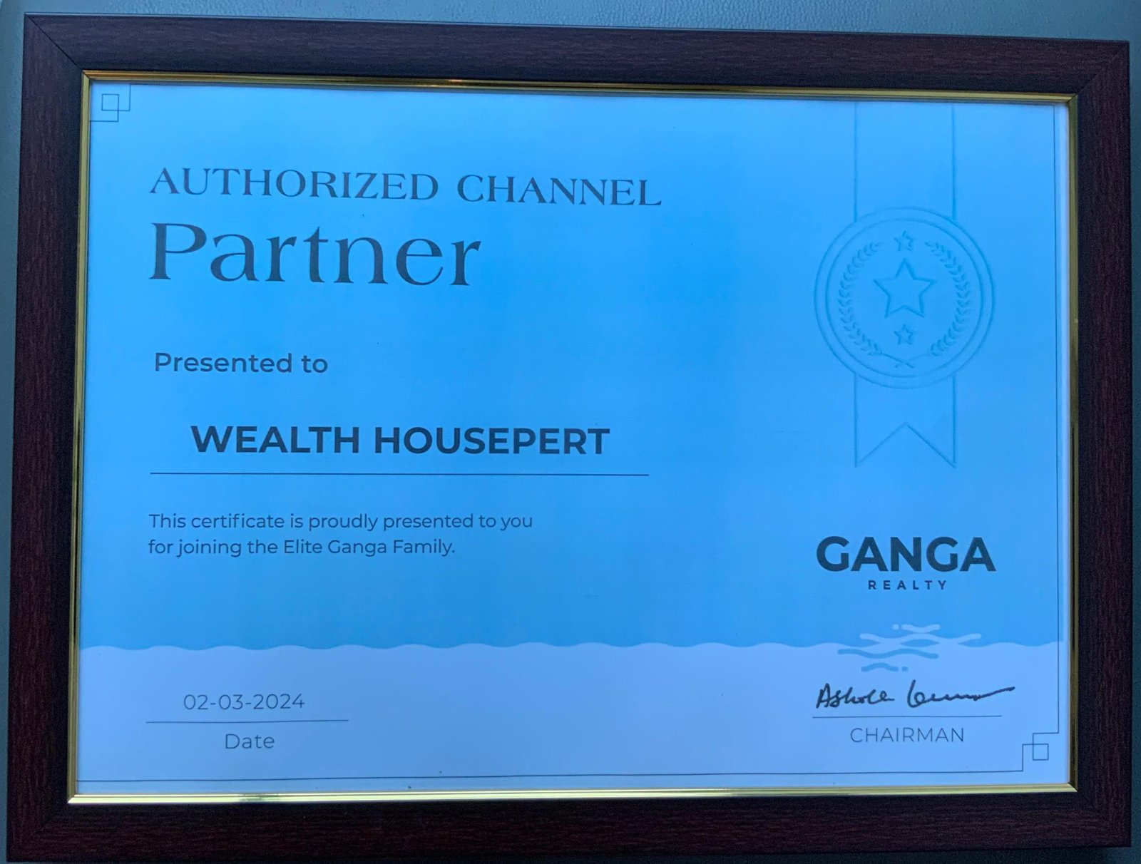 Ganga Realty Authorized Channel Partner certificate presented to Wealth Housepert