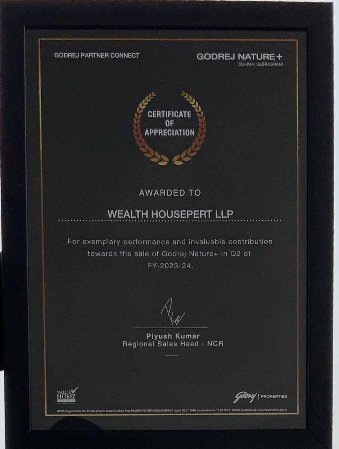 Godrej Nature+ Certificate of Appreciation awarded to Wealth Housepert LLP